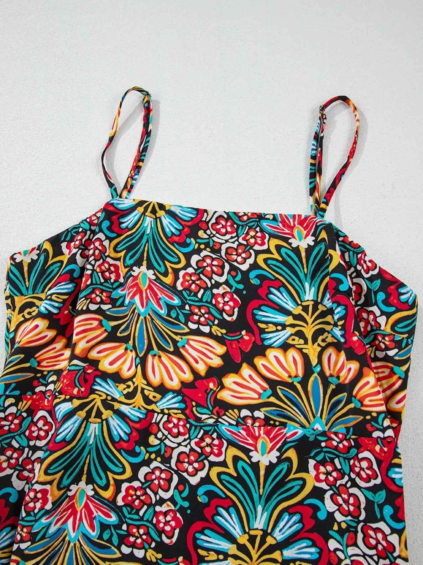 Floral Print High Waist Maxi Dress with Thin Straps.