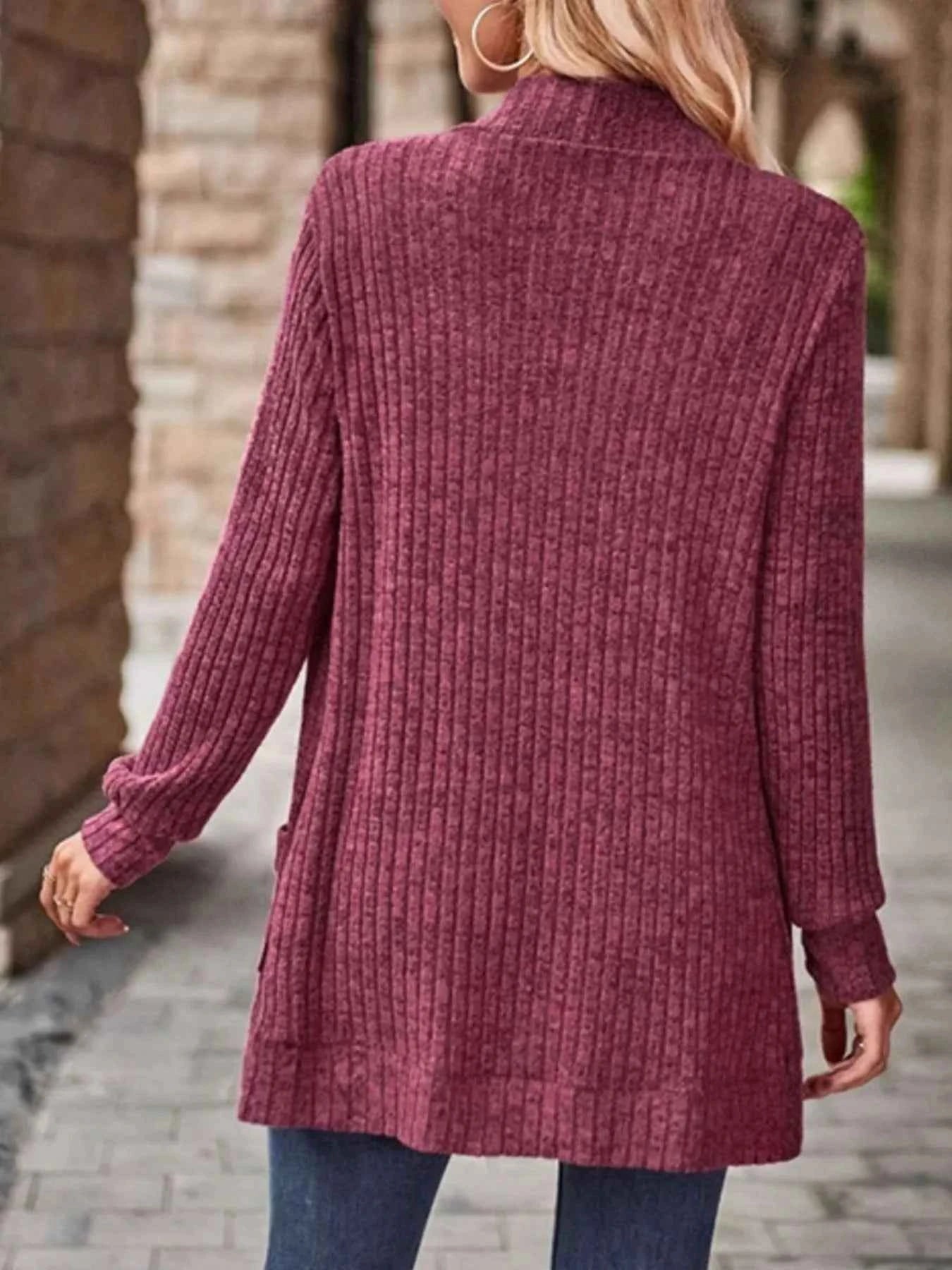 Ribbed Knit Open Front Cardigan with Pockets.