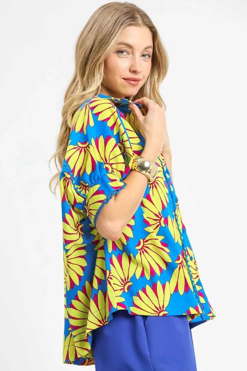Umgee Sunflower Print Shirt - Button-Up Relaxed Style for Effortless Fashion - EBYNN