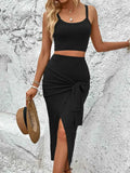 Ribbed Knit Crop Top & Tie-Front Slit Skirt Set - EBYNN