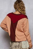 POL Color Block Notched Long Sleeve T-Shirt.