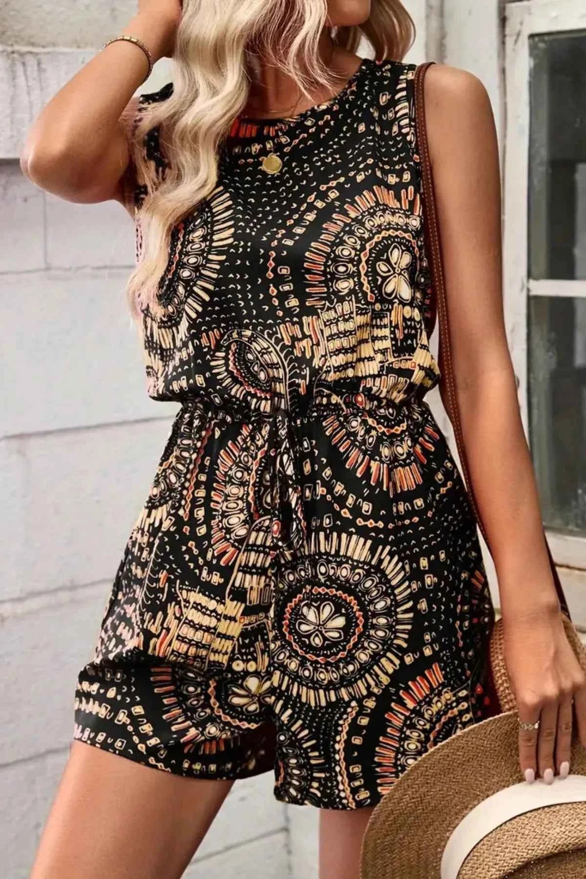 Boho Floral Print Sleeveless Summer Romper.