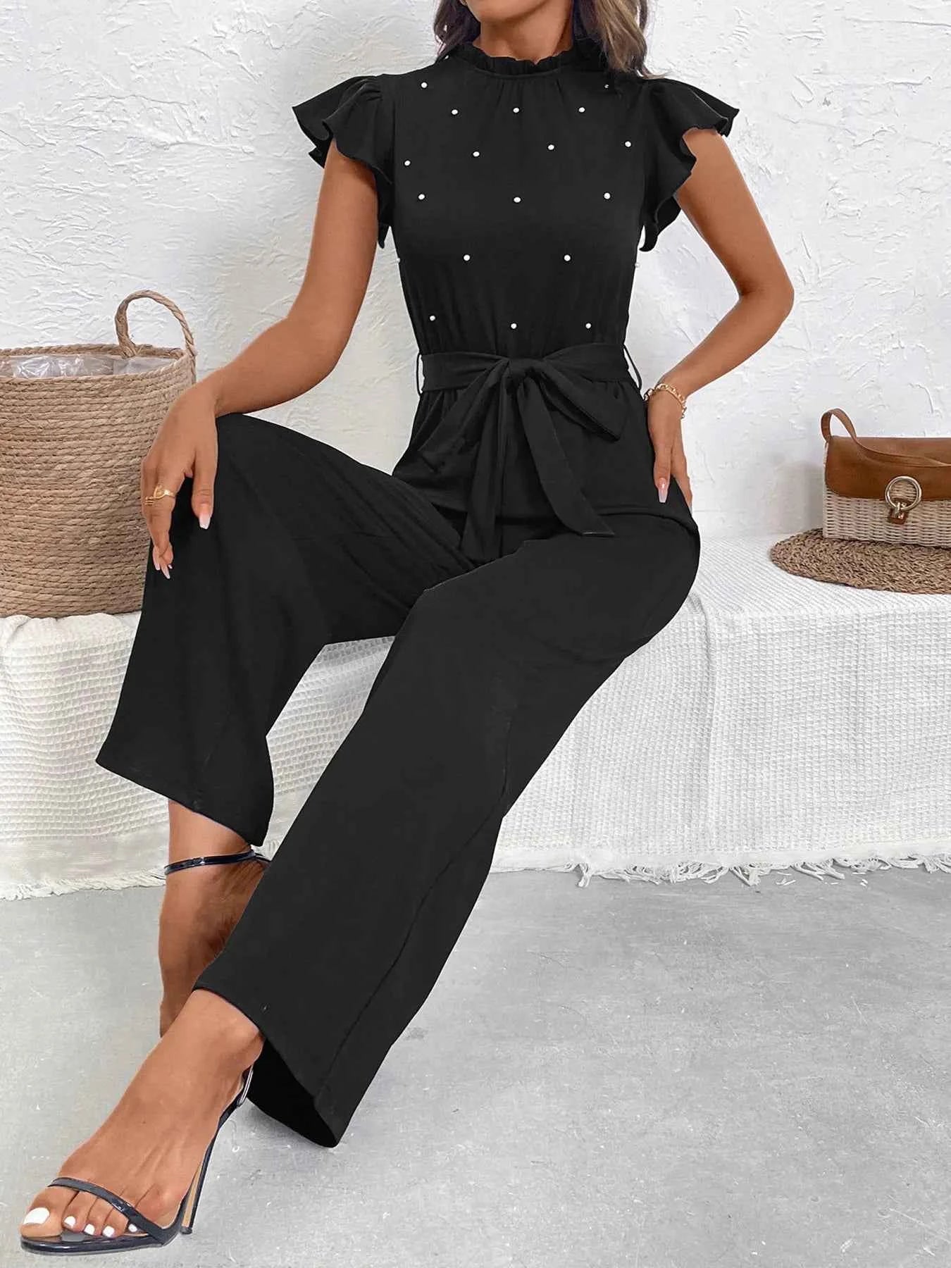 Pearl Detail Ruffled Cap Sleeve Jumpsuit.