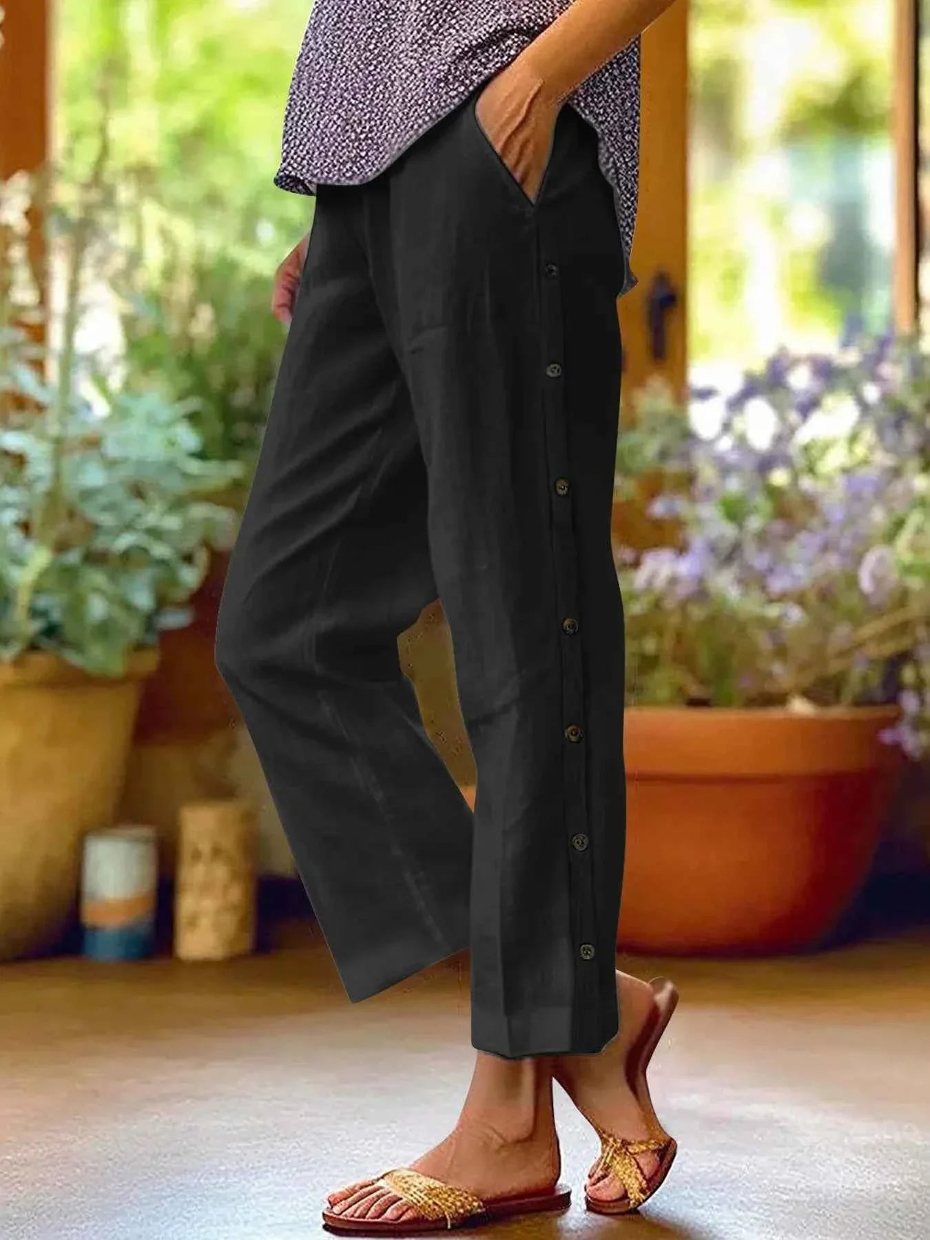 Casual Plus Size Wide Leg Button Decor Pants.
