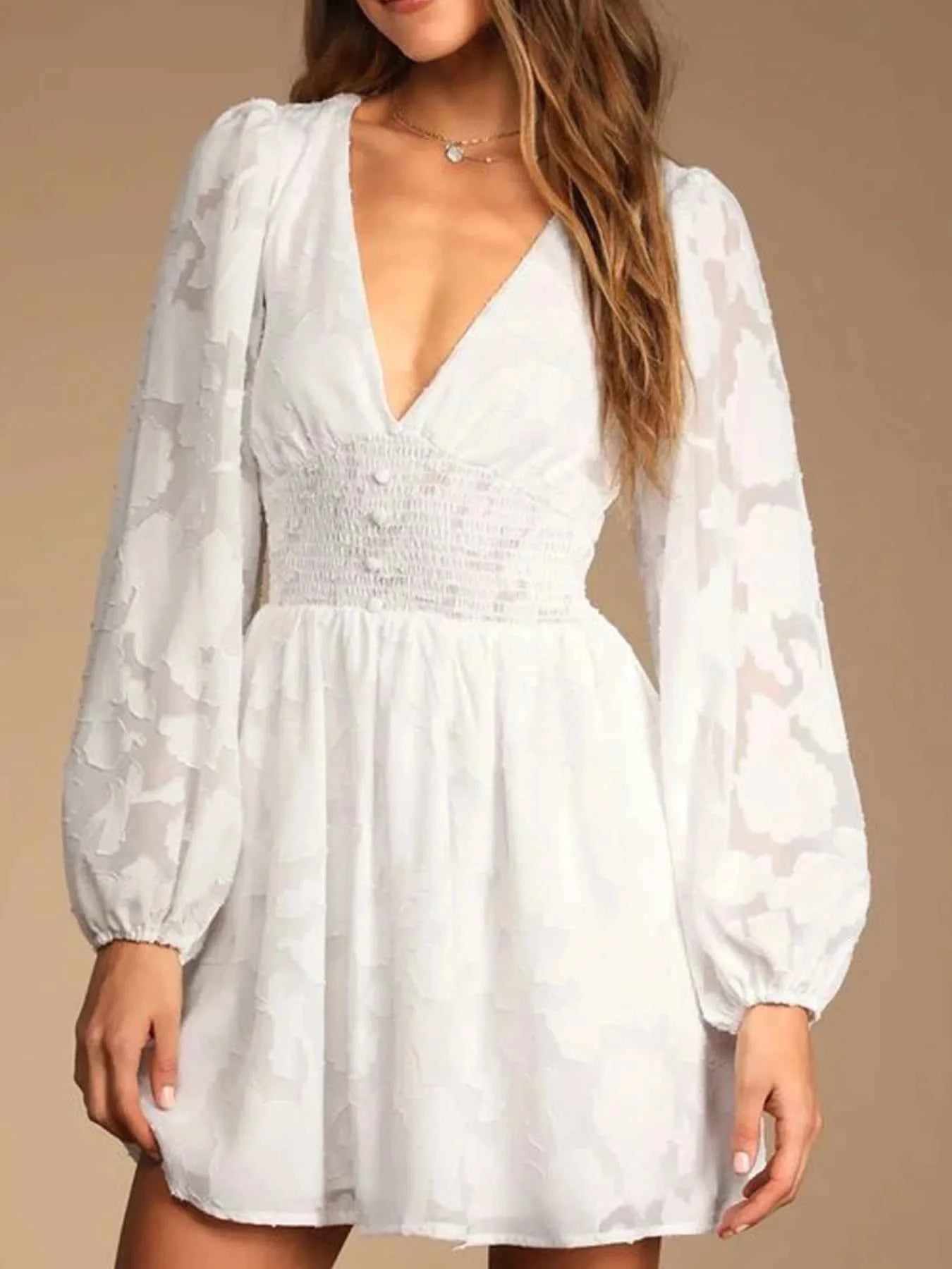 Smocked V-Neck Balloon Sleeve Dress.