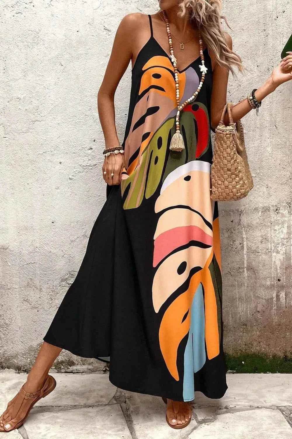 Tropical Leaf Print V-Neck Maxi Cami Dress.