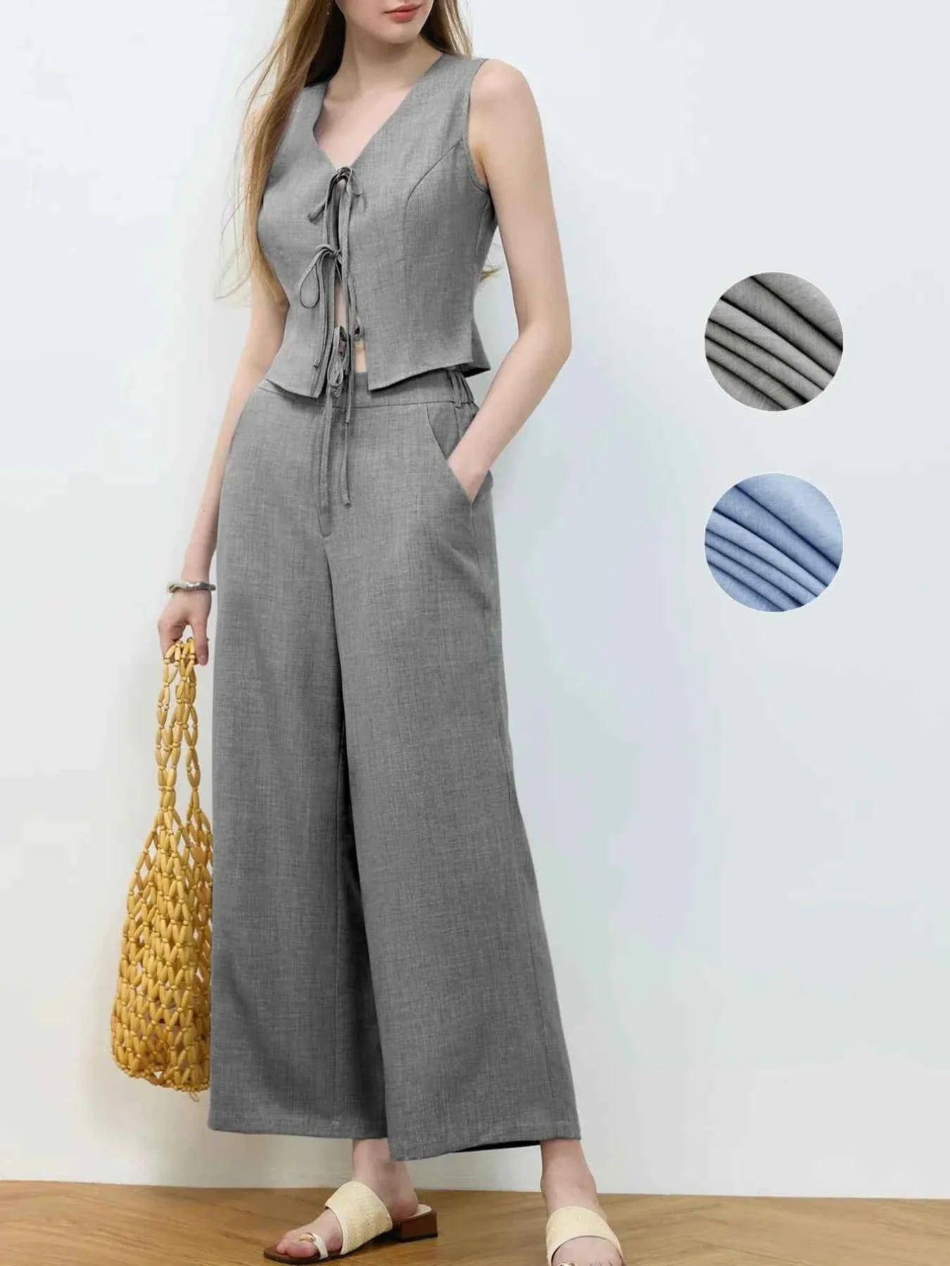 Tie Front Vest and Wide Leg Pants Set.