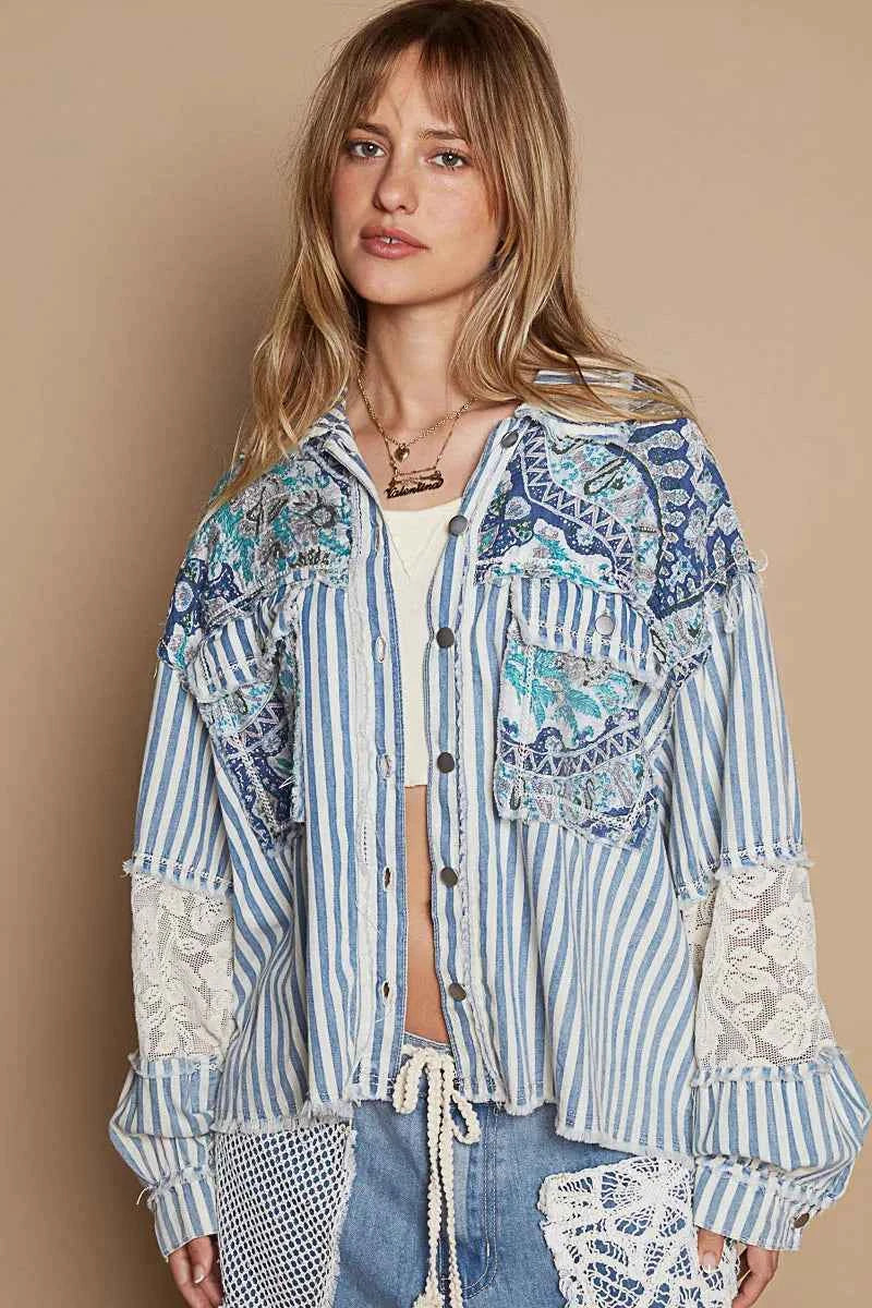 POL Printed Woven Mix Raw Hem Jacket with Lace Detail.