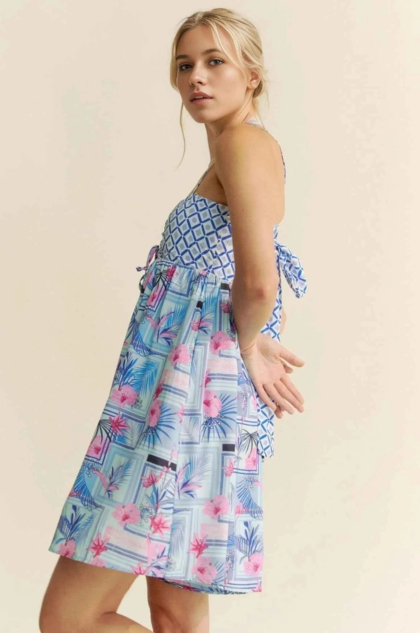 Davi & Dani Tropical Floral Geo Print Tie Back Tube Top Romper.