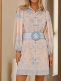 Printed Button Down Shirt Dress with Belt.