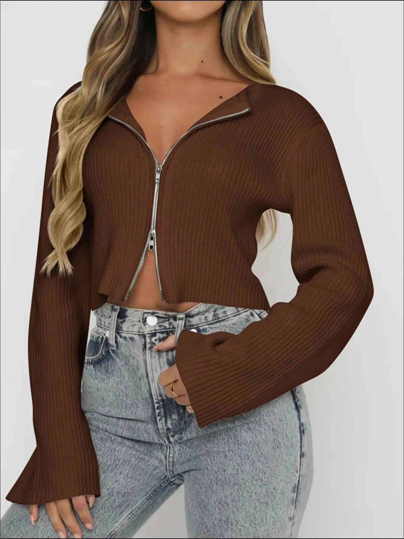 Ribbed Zip-Up Cropped Cardigan.