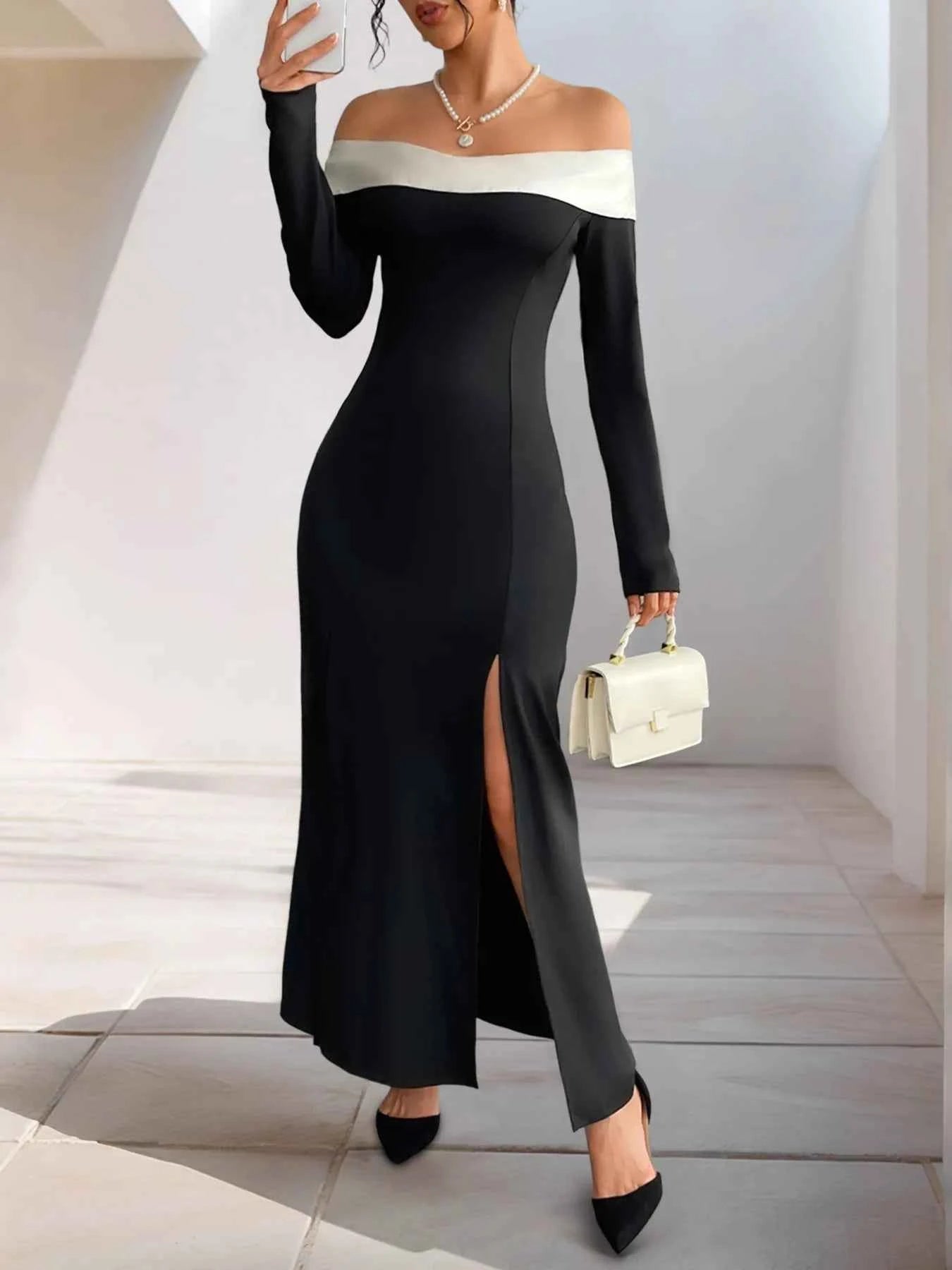 Side Slit Off-Shoulder Maxi Dress.