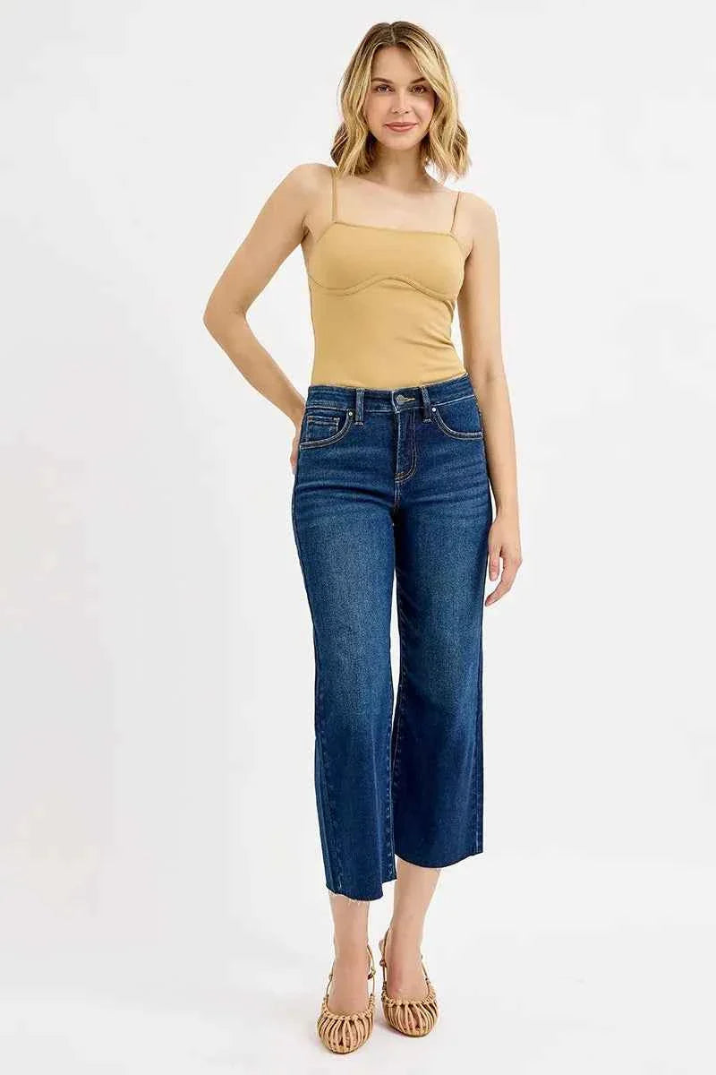 RISEN Full Size Tummy Control High Rise Crop Wide Jeans.