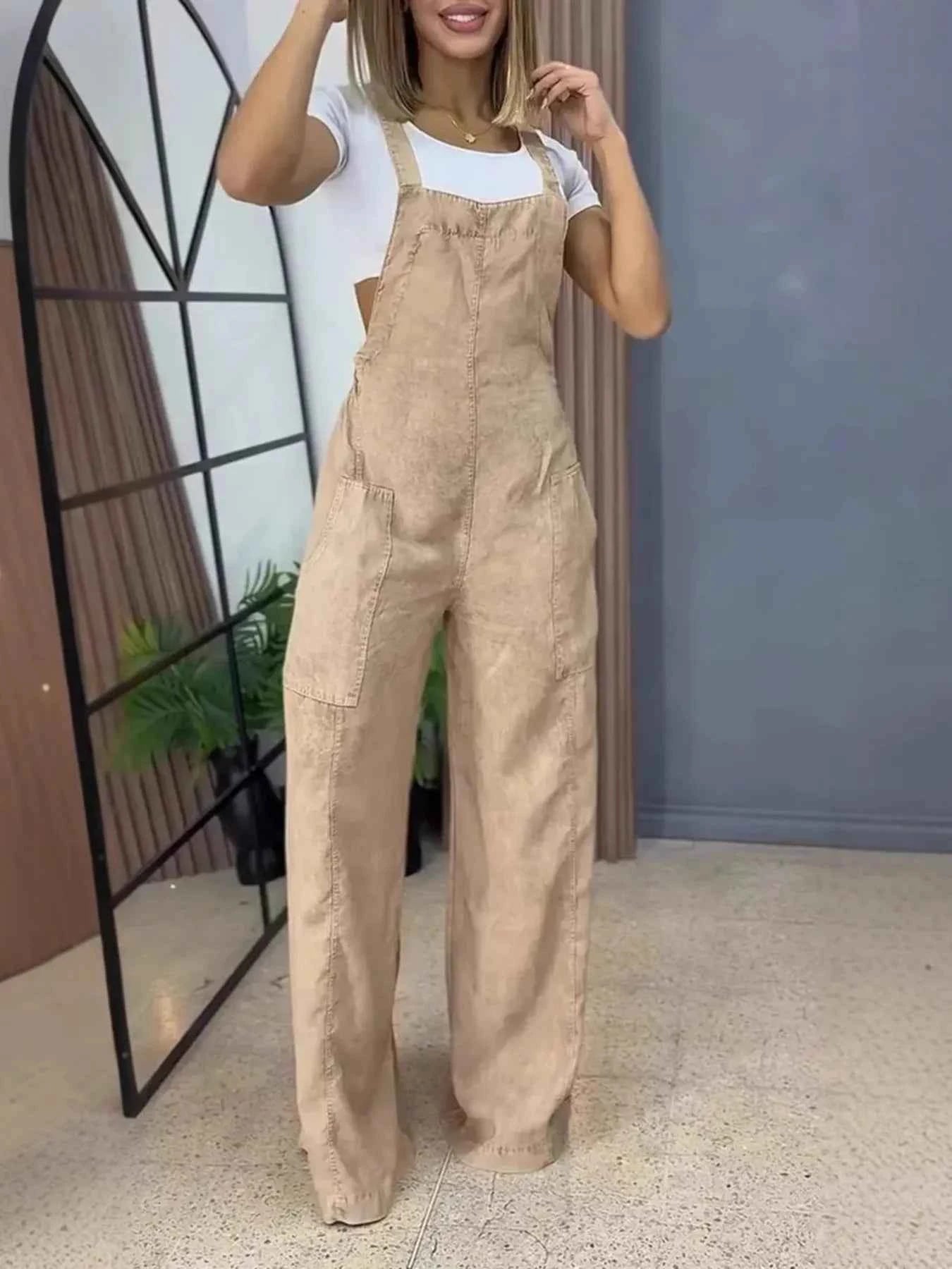 Plus Size Wide Leg Washed Denim Overalls.