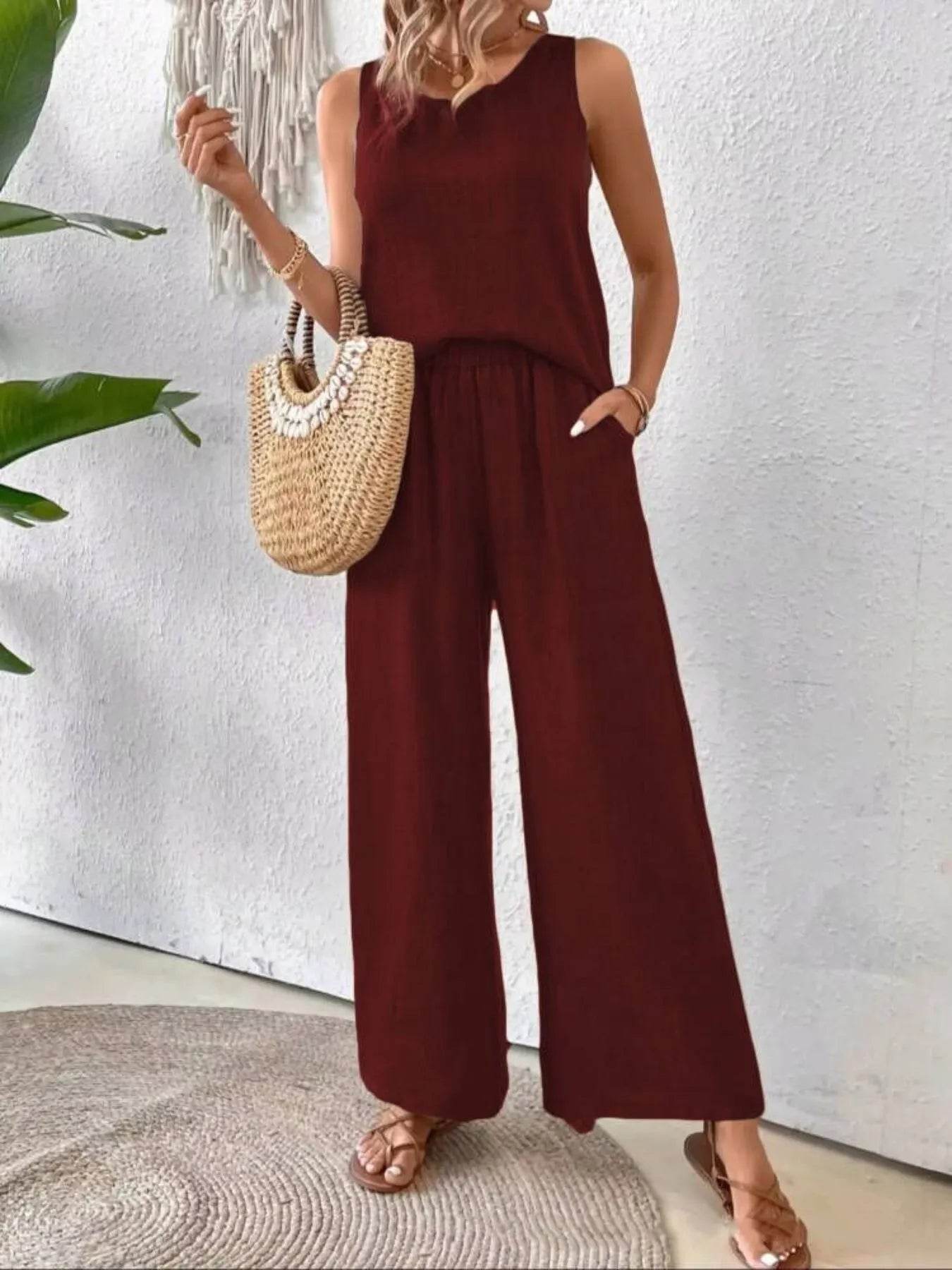 Round Neck Tank and Wide Leg Pants Set - EBYNN