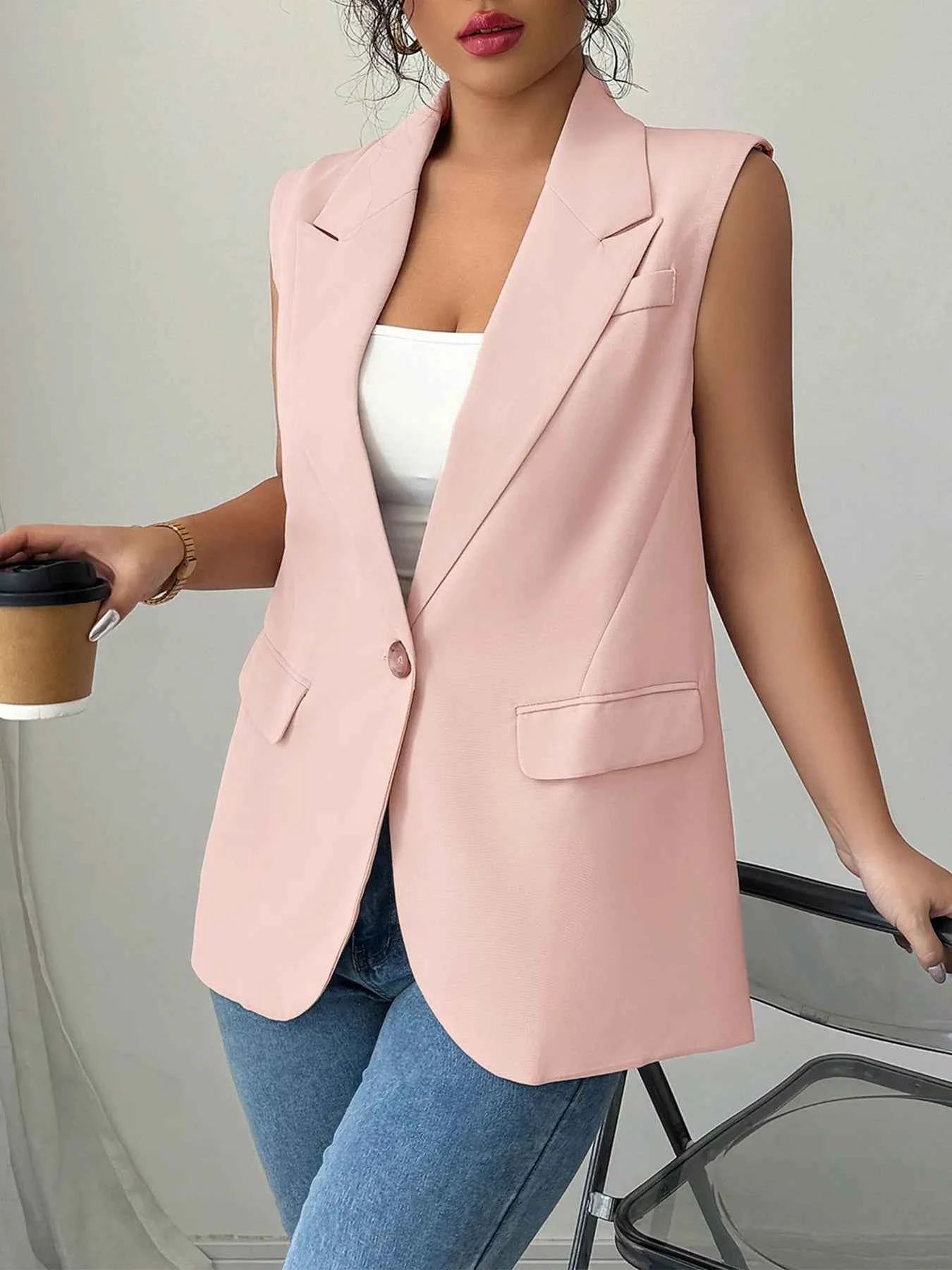 One Button V-Neck Blazer Vest Coat.