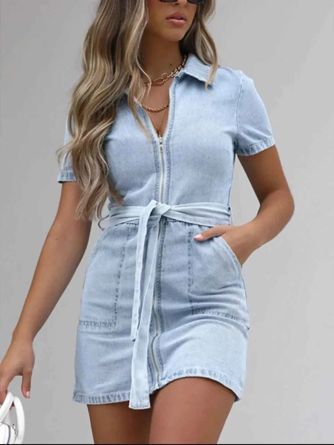 Plus Size Zip Front Short Sleeve Denim Dress.