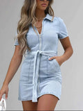 Plus Size Zip Front Short Sleeve Denim Dress.