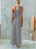 One Shoulder Striped Maxi Dress.