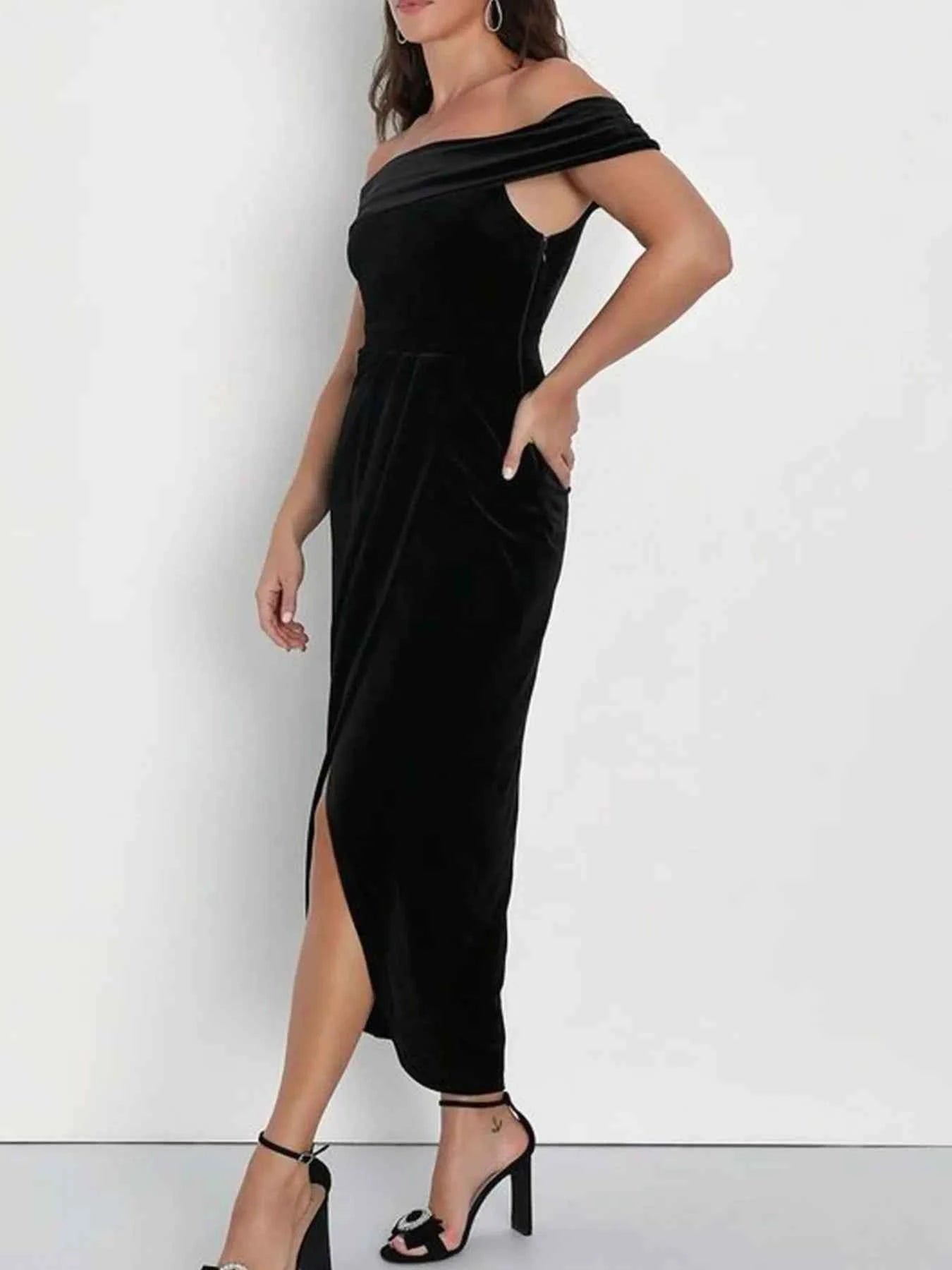 Off-Shoulder Wrap Dress with Side Slit.