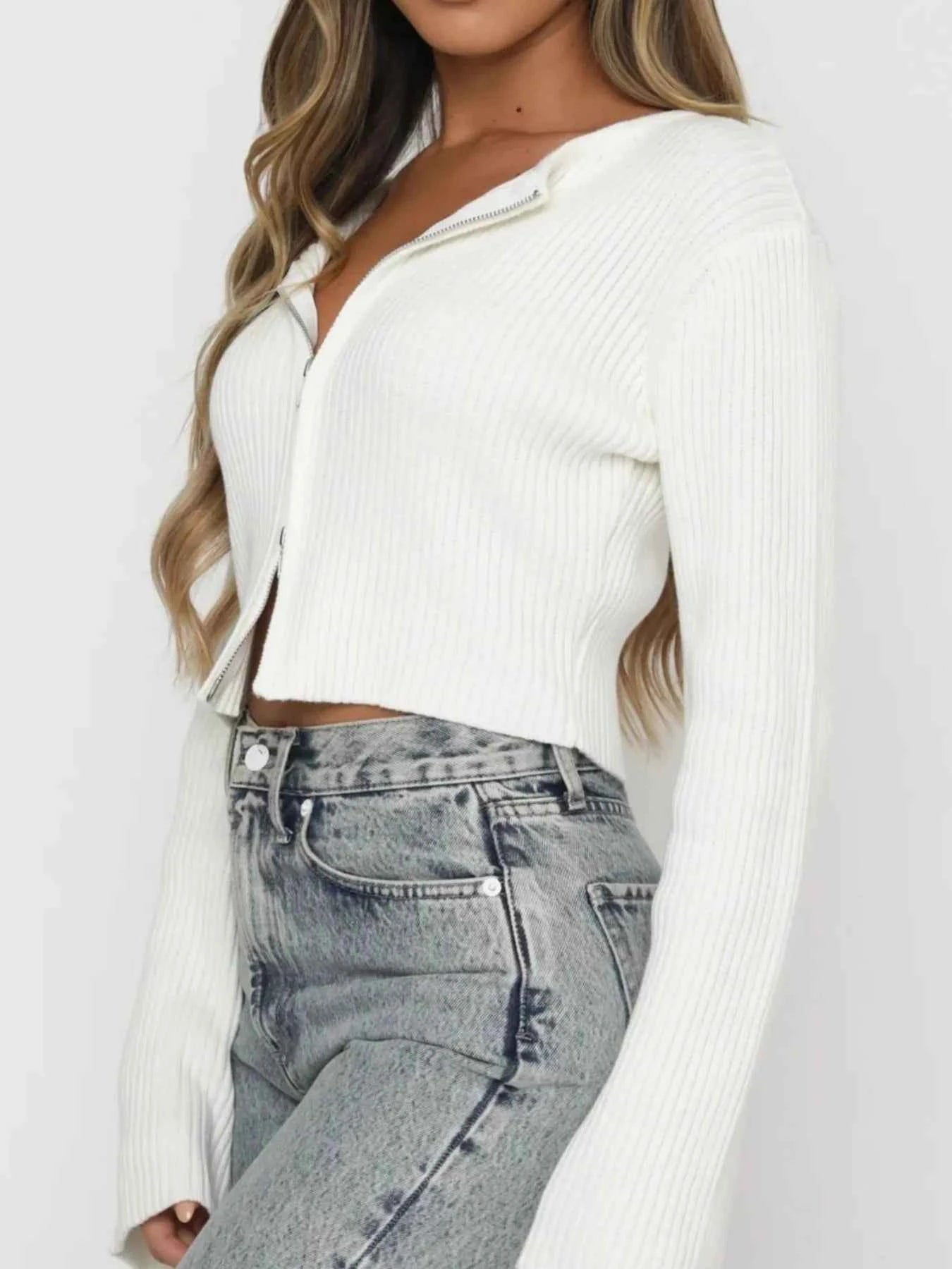 Ribbed Zip-Up Cropped Cardigan.
