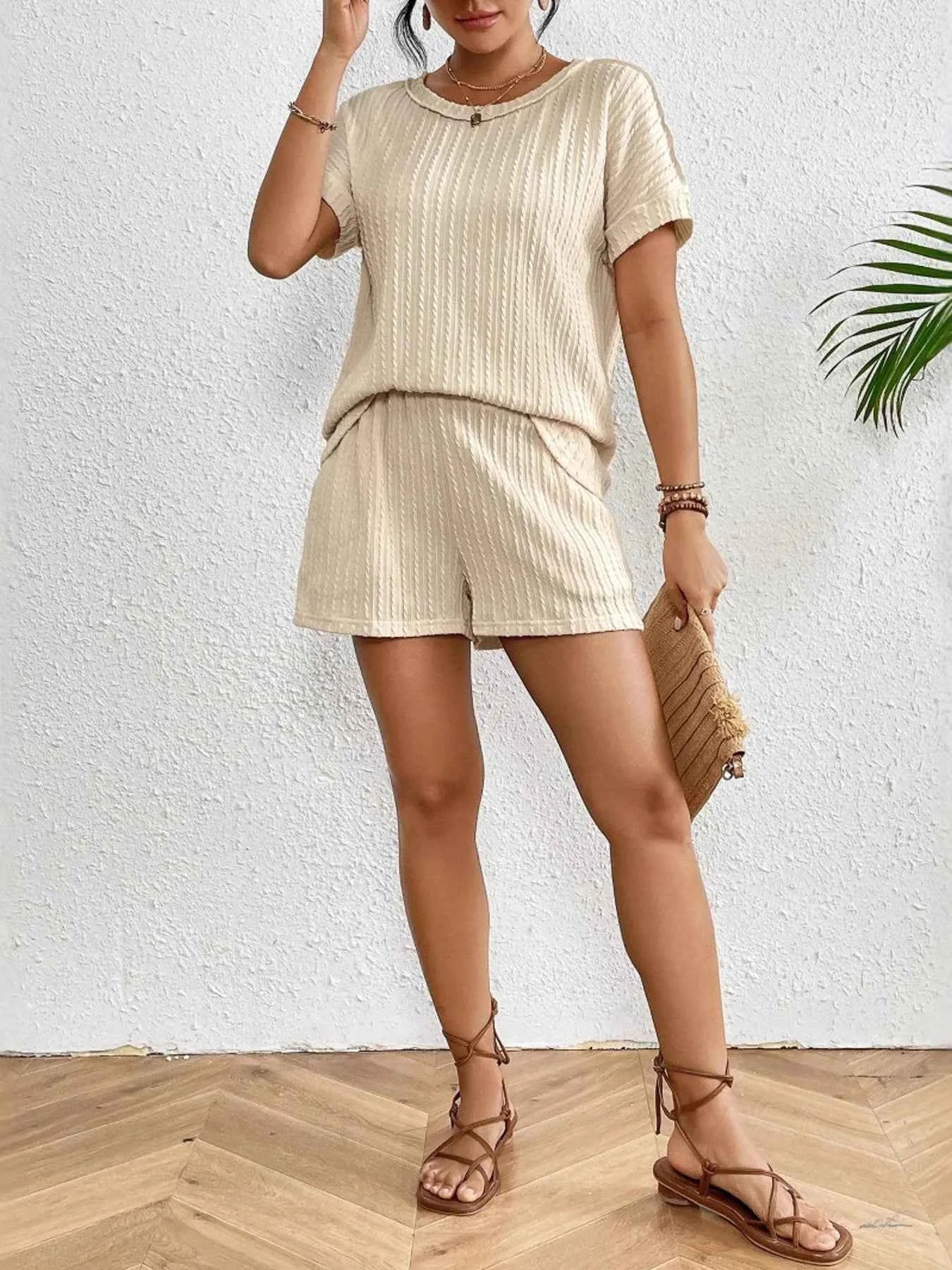 Texture Round Neck Top and Shorts Lounge Set.