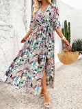 Slit Printed Surplice Maxi Dress with Half Sleeves.