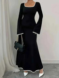 Plus Size Contrast Trim Square Neck Long Sleeve Maxi Dress.