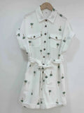 Palm Tree Print Short Sleeve Button-Up Romper with Belt.
