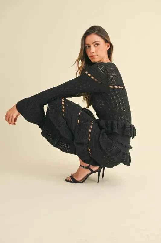 MABLE Long Sleeve Tiered Ruffle Knit Midi Dress.