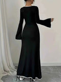Plus Size Contrast Trim Square Neck Long Sleeve Maxi Dress.