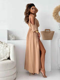 Tied Shoulder Slit Maxi Dress.