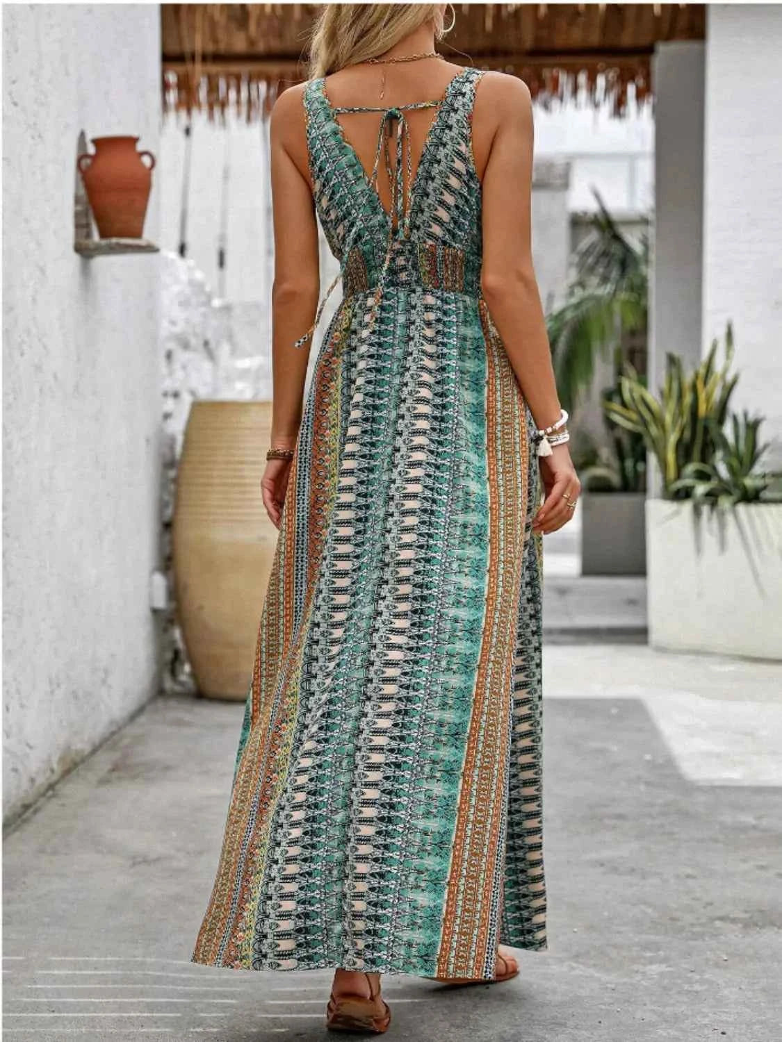 Tied Back Printed Sleeveless Maxi Dress with Slit.