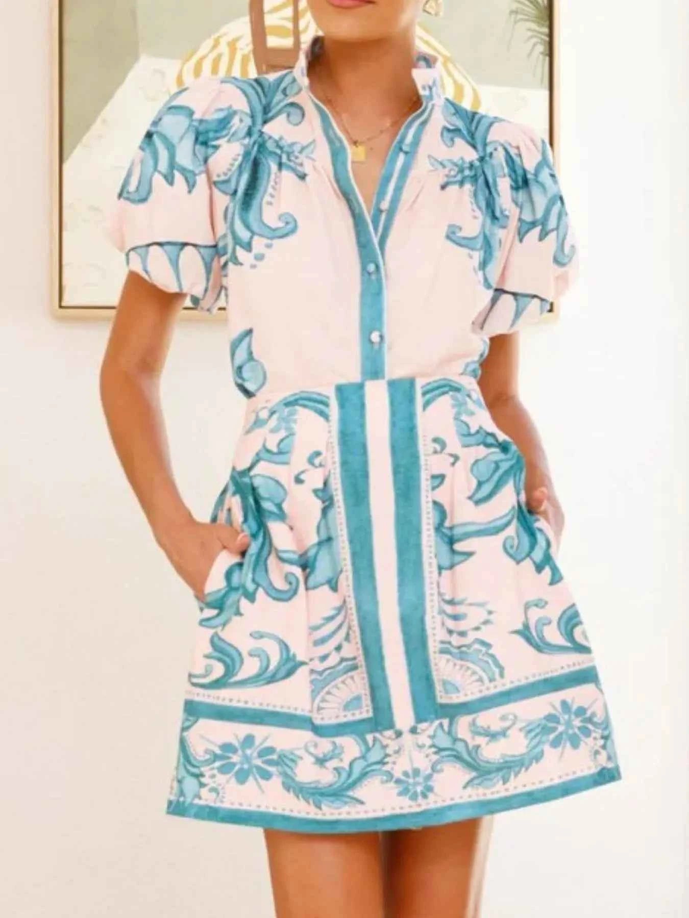 Printed Puff Sleeve Top and Skirt Set.