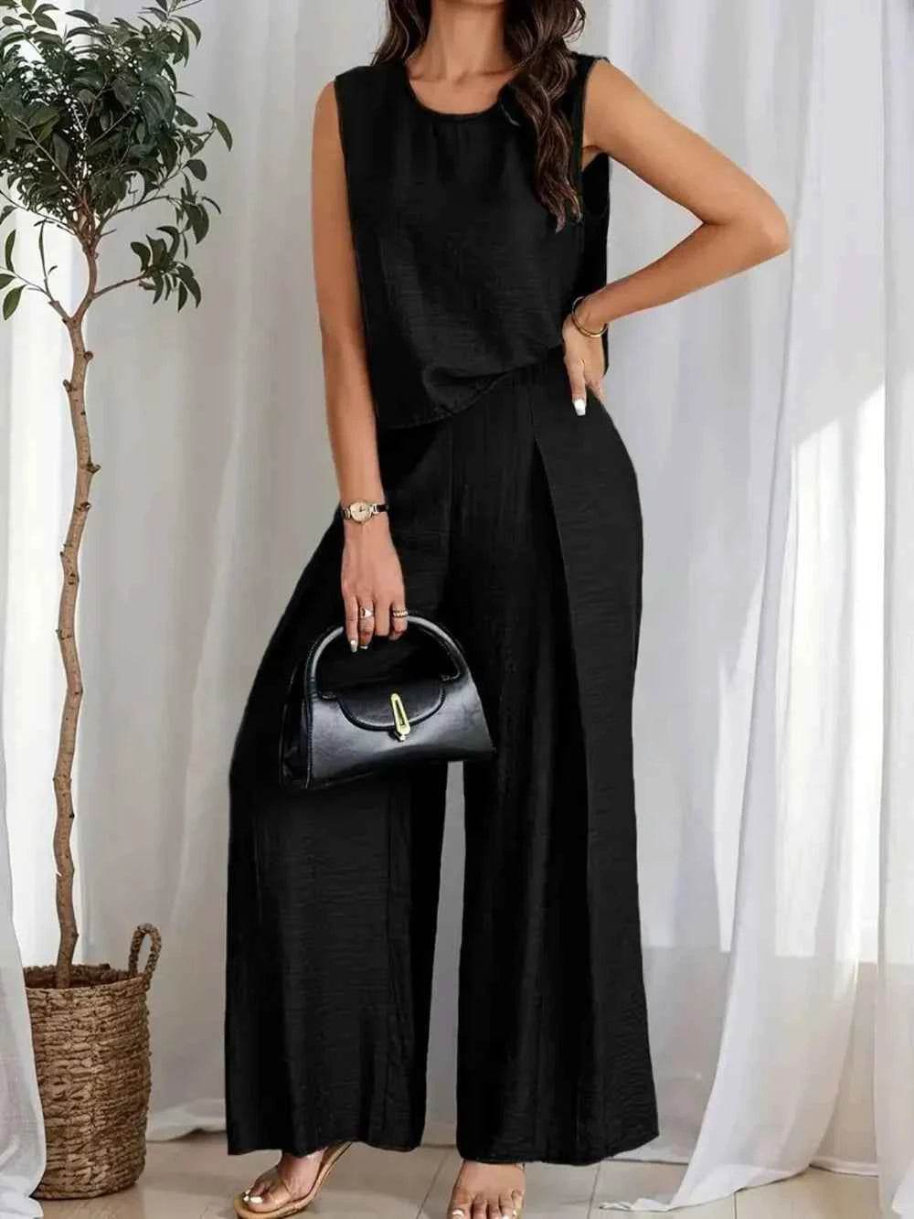 Ruched Round Neck Sleeveless Top and Wide Leg Pants Set - EBYNN