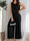 Ruched Round Neck Sleeveless Top and Wide Leg Pants Set - EBYNN