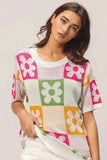 BiBi Floral Checker Pattern Lightweight Pullover Sweater.