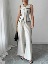 Contrast Piping Round Neck Top & Wide-Leg Pants Set - Stylish Contrast Piping Pants Set - EBYNN
