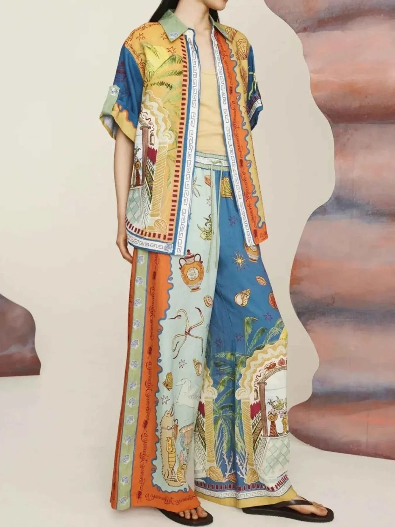 Printed Button Up Shirt and Pants Set.