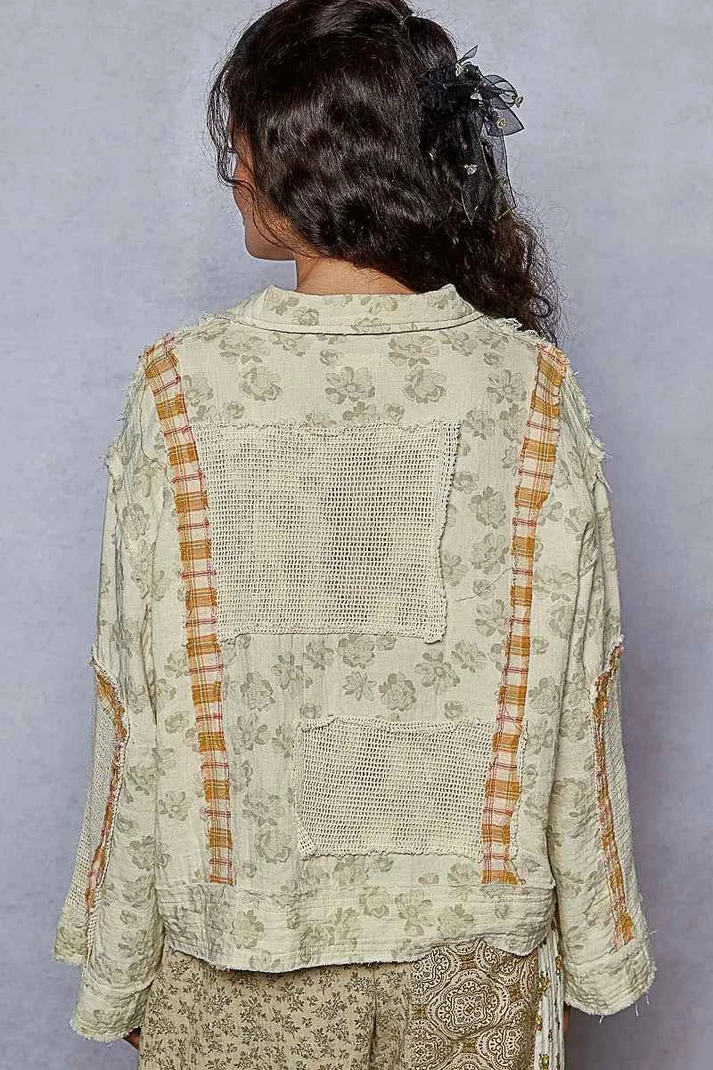 Floral Raw Hem Zip Up Jacket with Plaid and Crochet Patches.