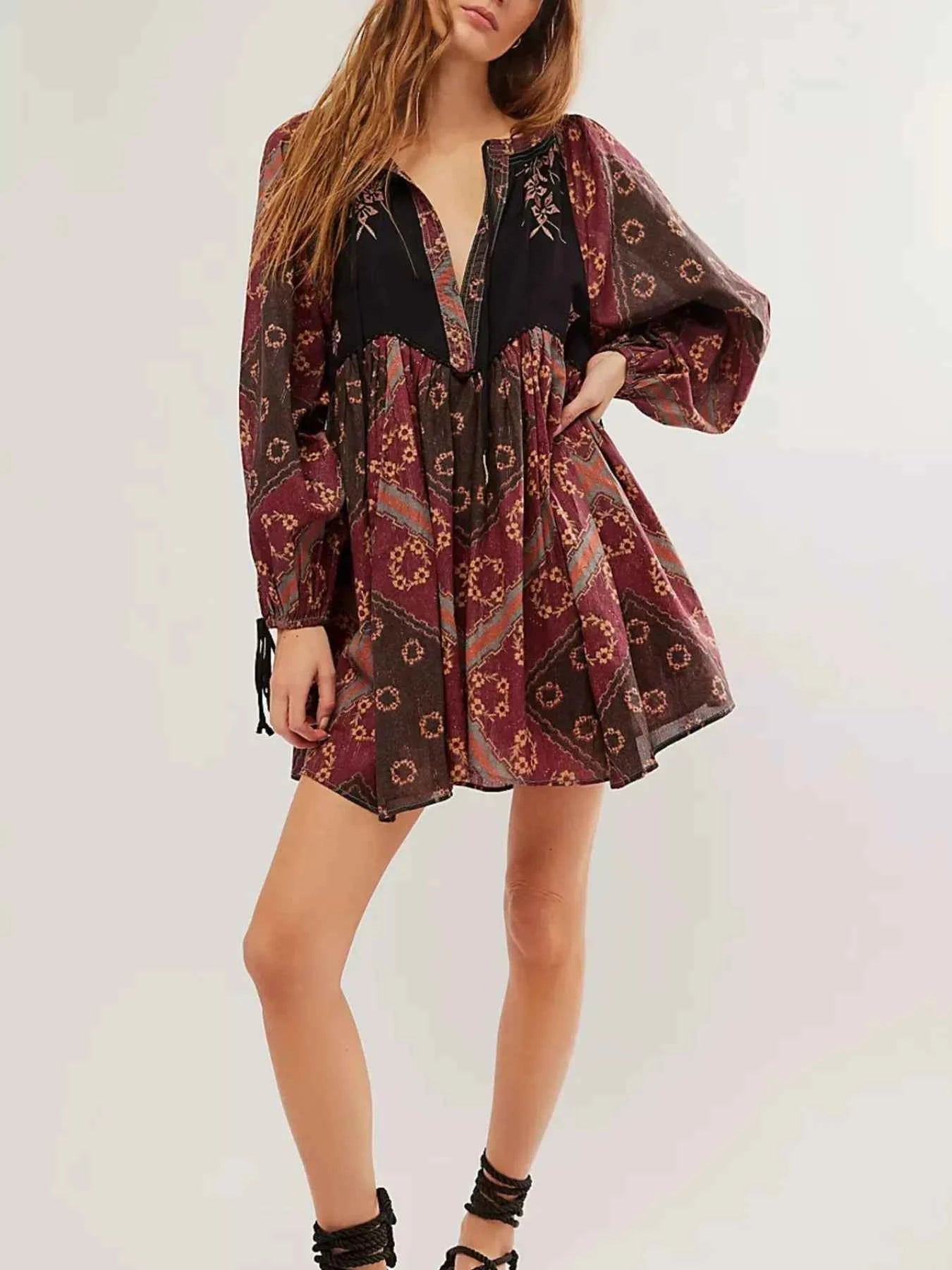 Printed Tie Neck Long Sleeve Dress.