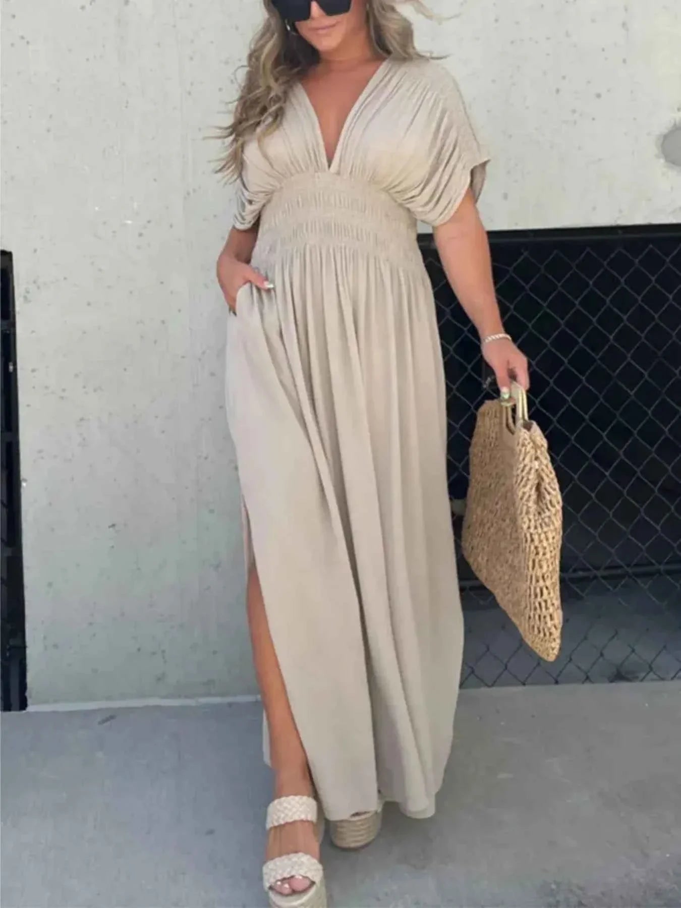 Plus Size Deep V-Neck Maxi Dress with Side Slit.