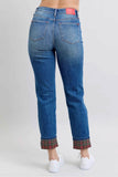 Judy Blue Plus Size Mr Plaid Print Cuff Boyfriend Jeans.