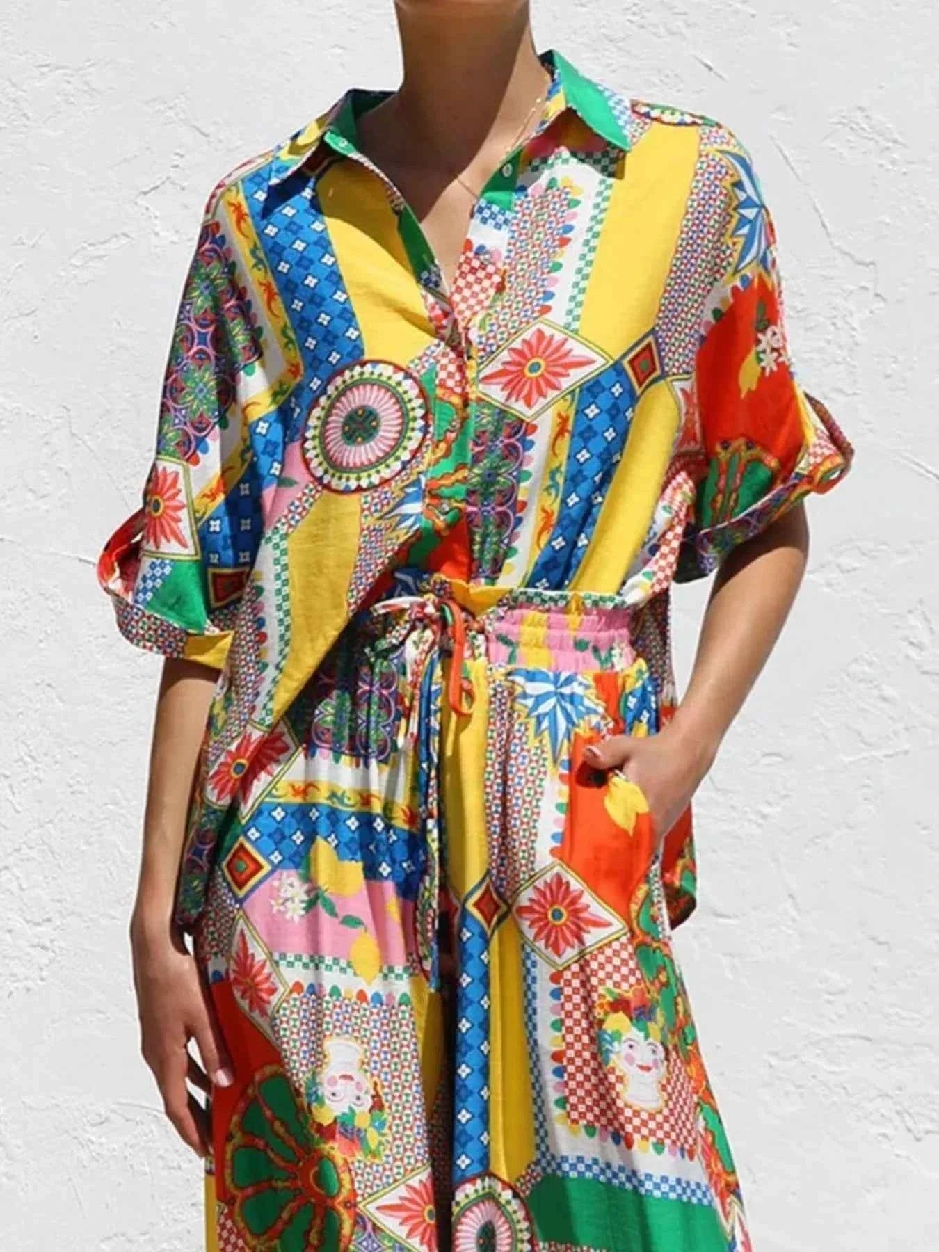 Printed Button Up Shirt and Pants Set.