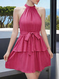 Pleated Halter Neck Layered Mini Dress.