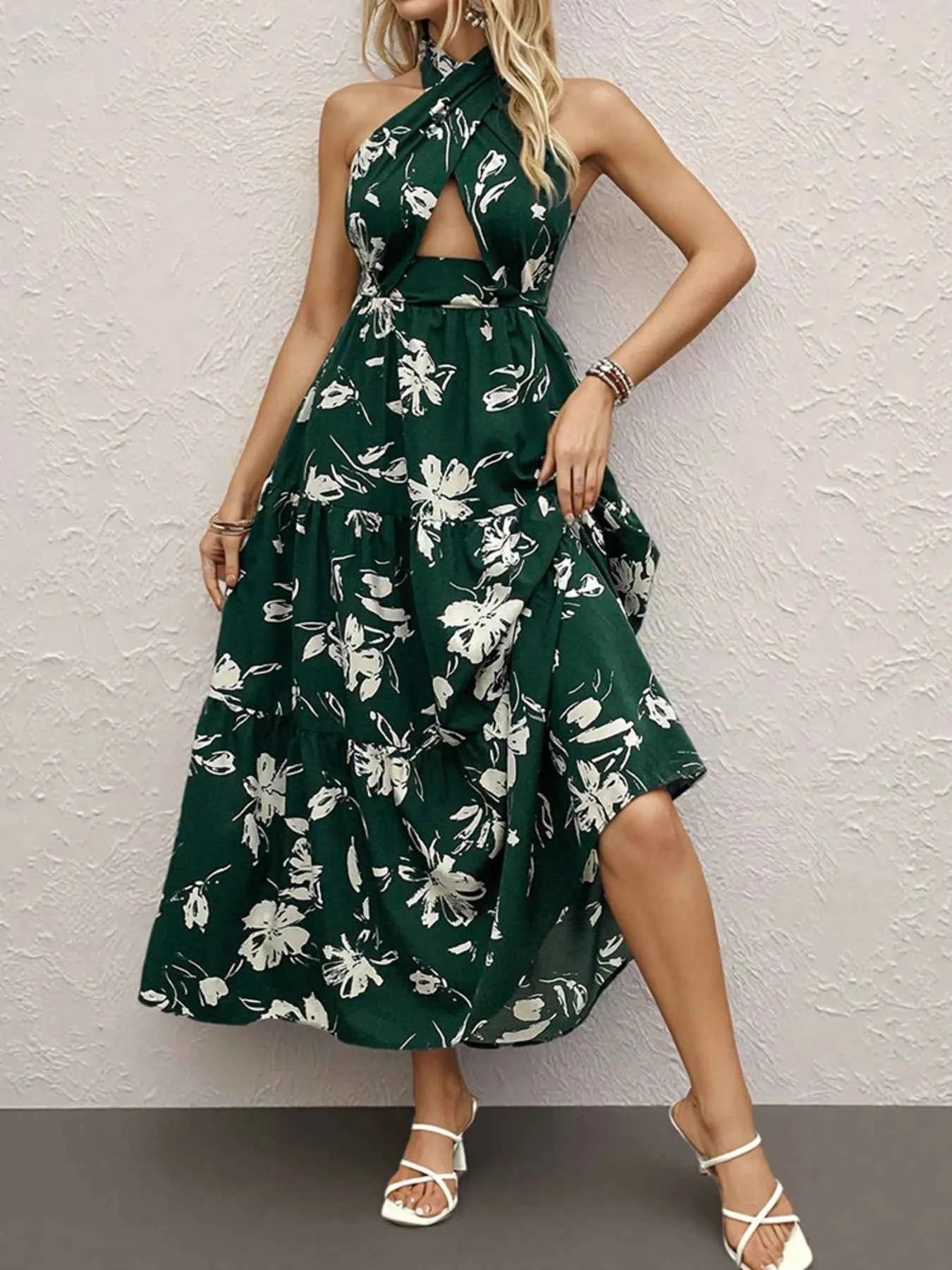 Printed Halter Neck Cutout Dress.