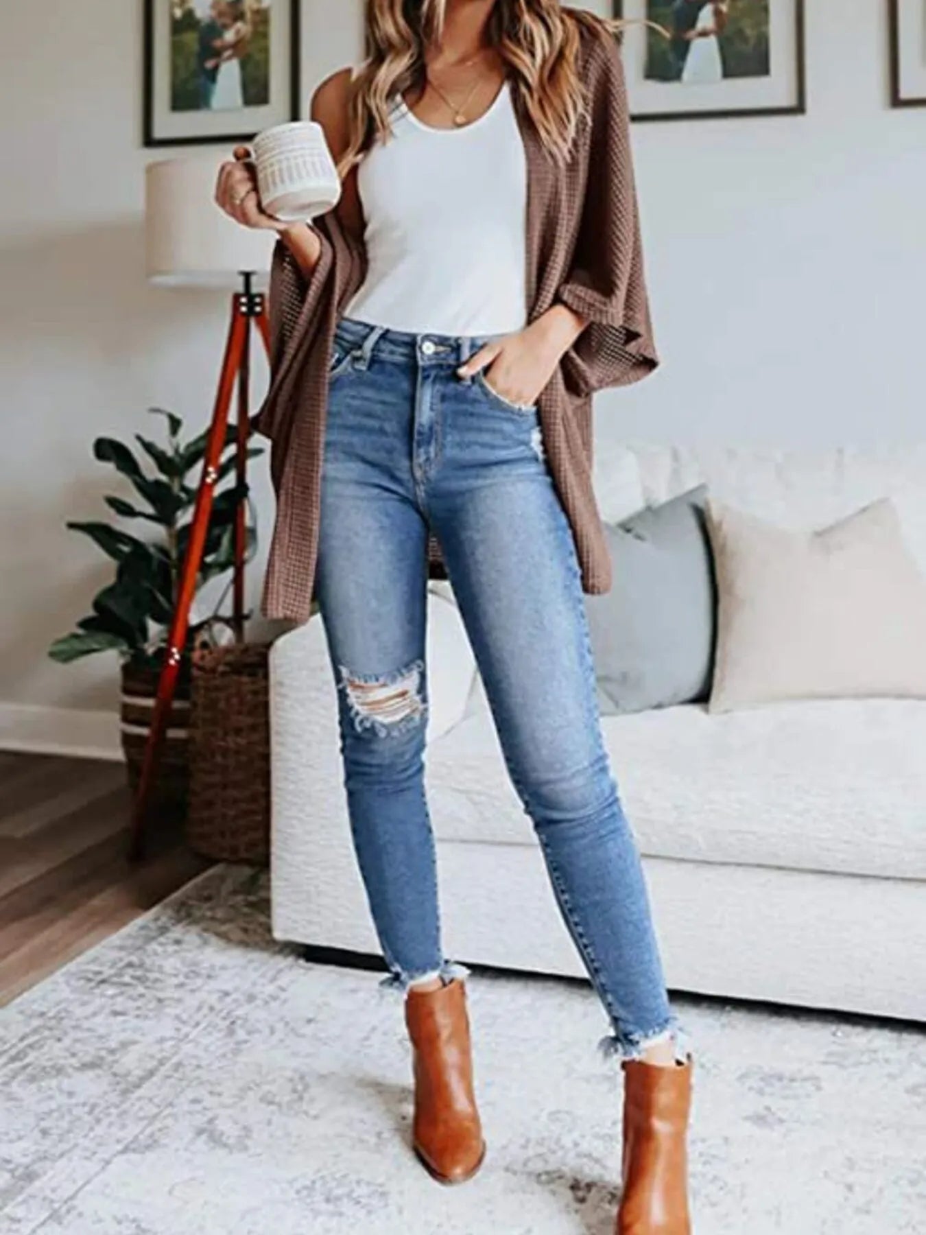 Plus Size Open Front Waffle Knit Cardigan.