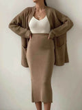 Pocketed Long Sleeve Cardigan and Skirt Sweater Set.