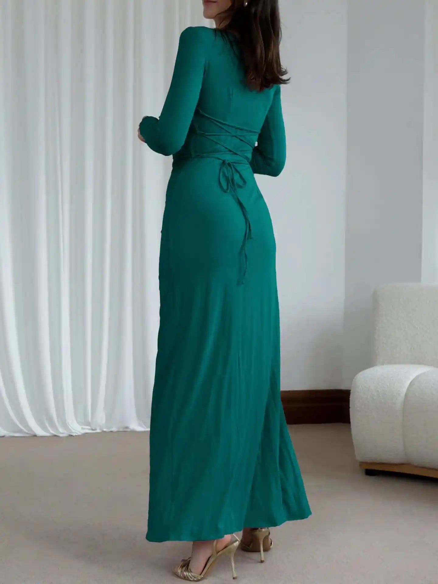 Ruched Long Sleeve Maxi Dress with Slit.