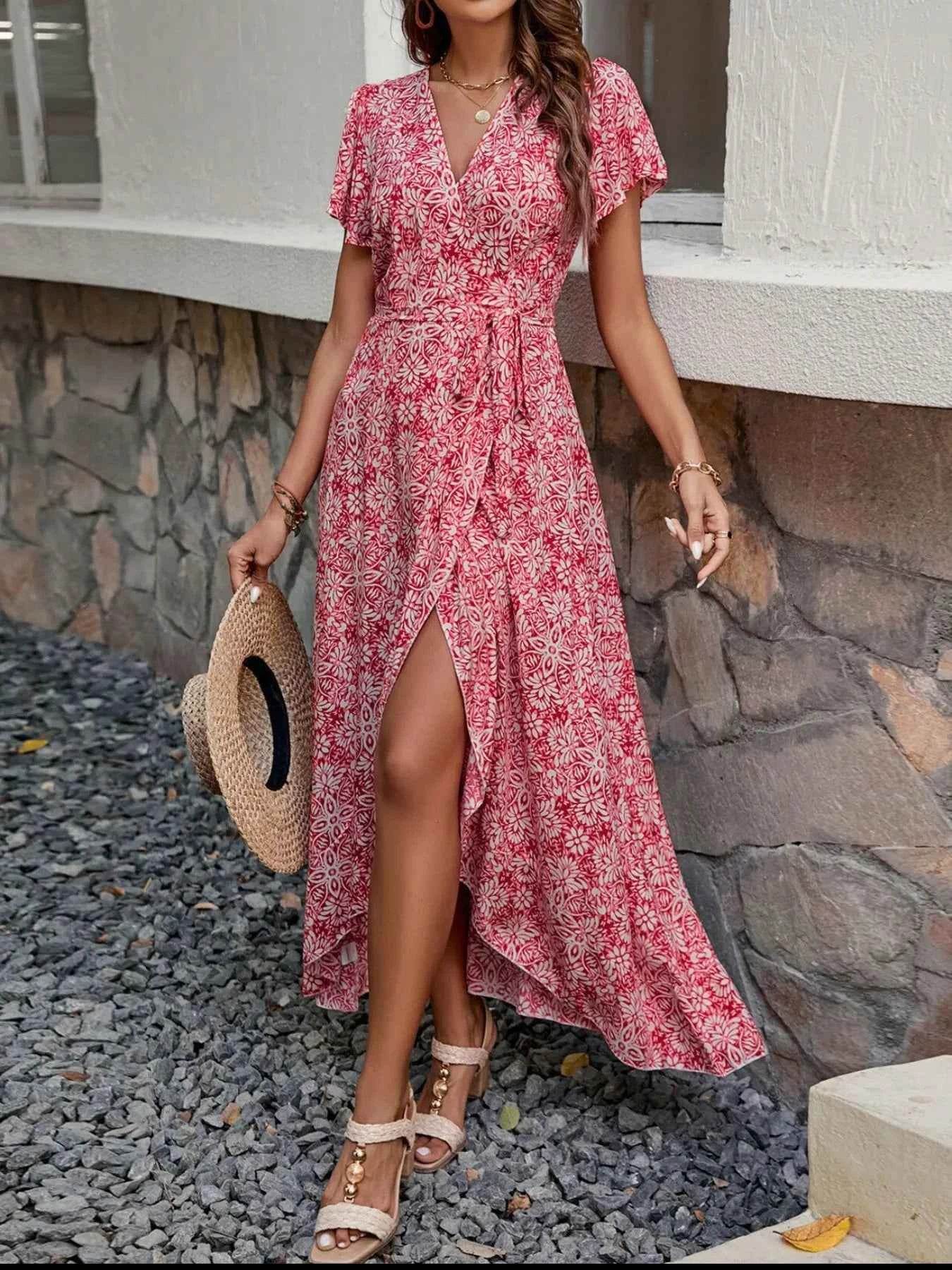 Printed Surplice Maxi Dress with Flutter Sleeves.